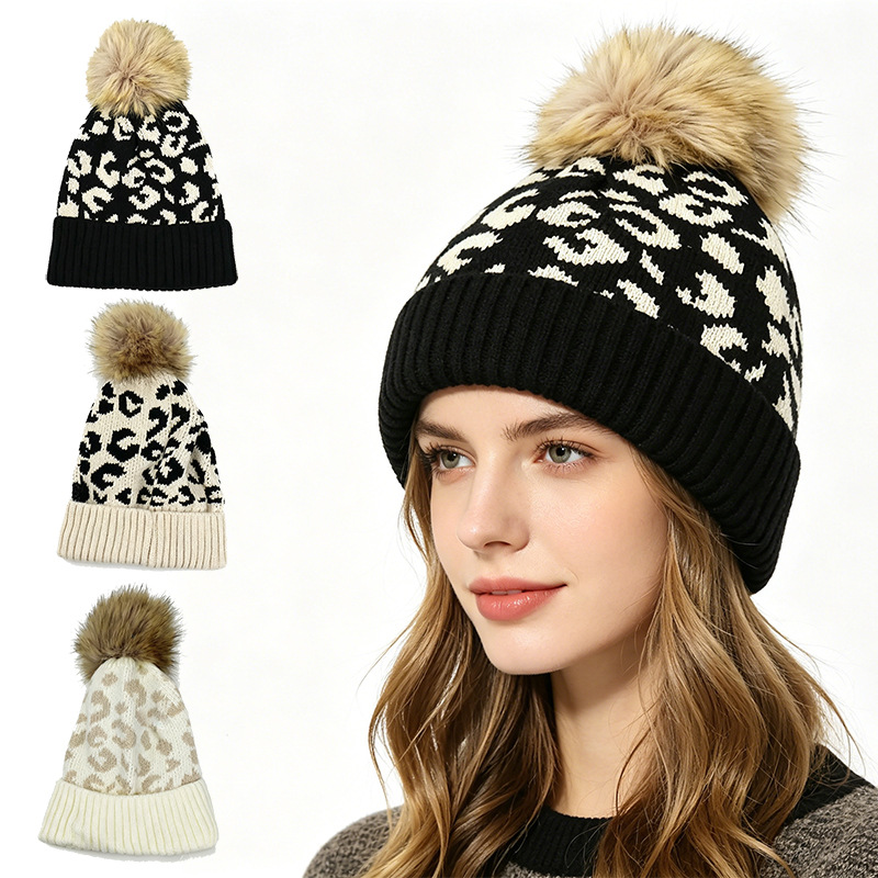 Beanie Cuffed Knit - 가을 겨울 레오파드 프린트 폼폼 니트