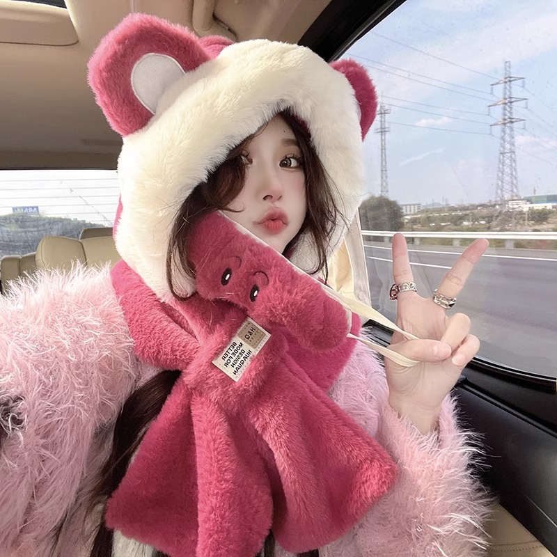 Trapper Hat Ear Flap - 귀여운 곰돌이 모자 스카프 일체형 여성용